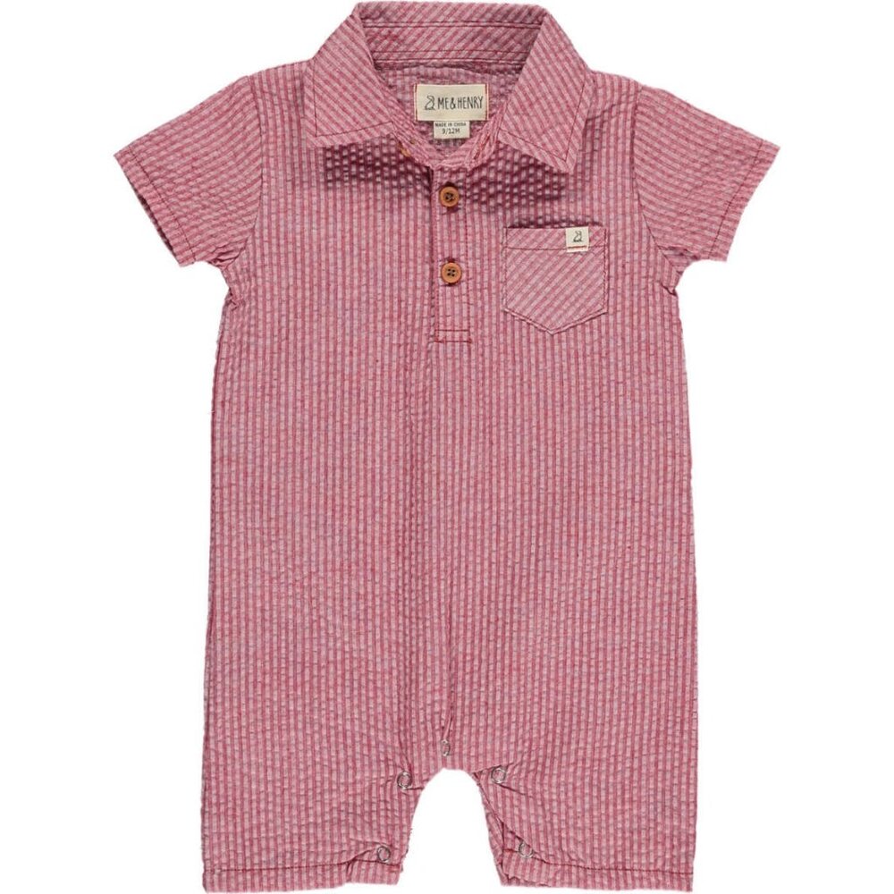 Me & Henry Sandy Seersucker Polo Romper, Coral/Red (Sold Out Online)